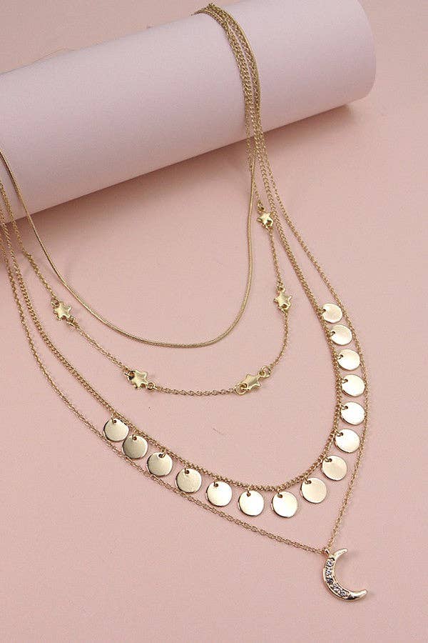 Gold Multi-Layer Moon & Star Charm Necklace