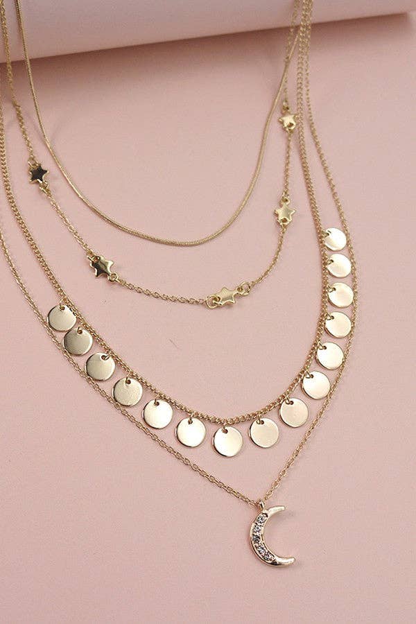 Gold Multi-Layer Moon & Star Charm Necklace