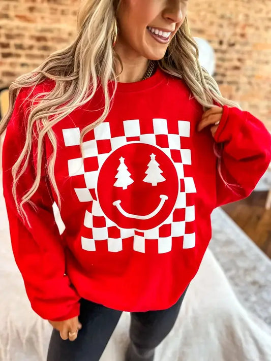 Christmas Tree Checkered Smiley Crewneck