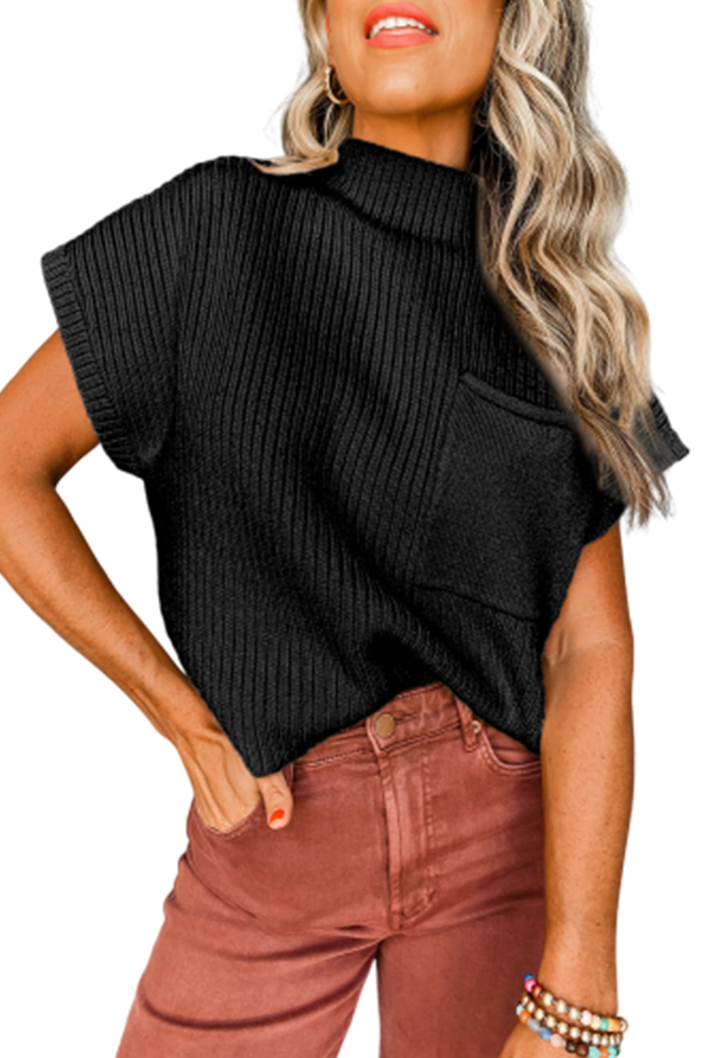 Black Ribbed Short Sleeve Sweater