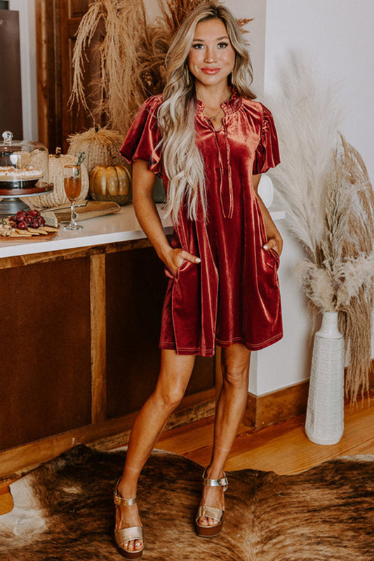 Velvet Smocked Puff Sleeve Dress